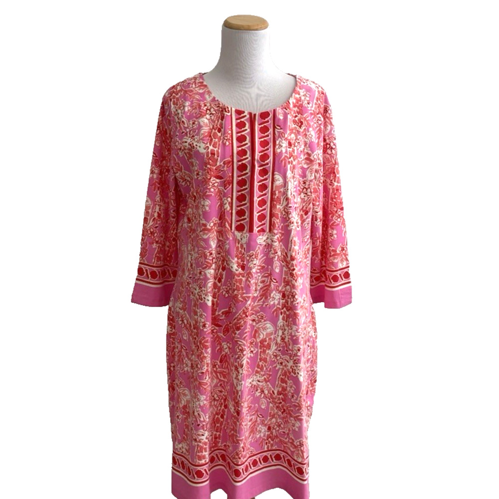 Barbara Erikson Dress XL Pink Red Floral Cotton Stretch Shift Pull-Over Casual